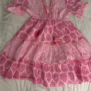 Pink Leaf Pattern Midi Dress
